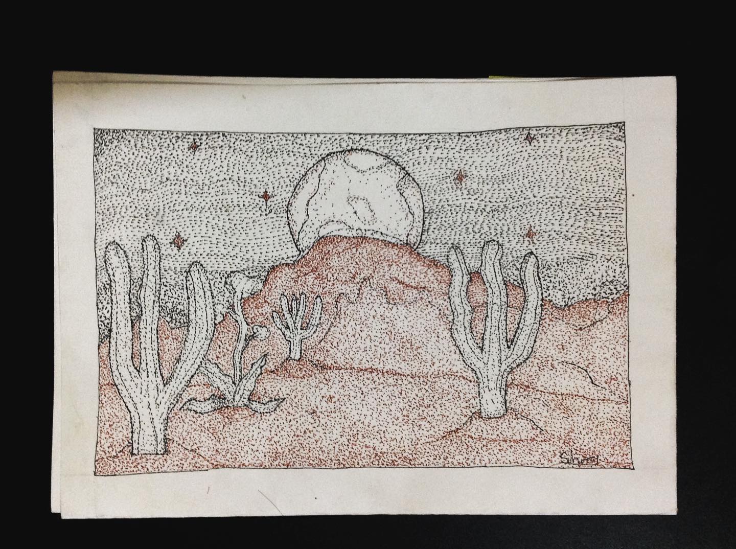 "La noche" por David Gerardo @ilshorefua en técnica de puntillismo. #desiertoae...