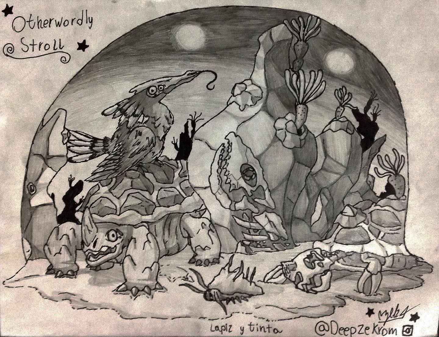 "Otherwordly Stroll" por Zek @deepzekrom en lápiz y tinta. #space #dinosaurs #e...